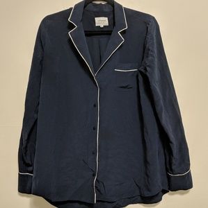 Sezane Silk Navy Top with White Piping